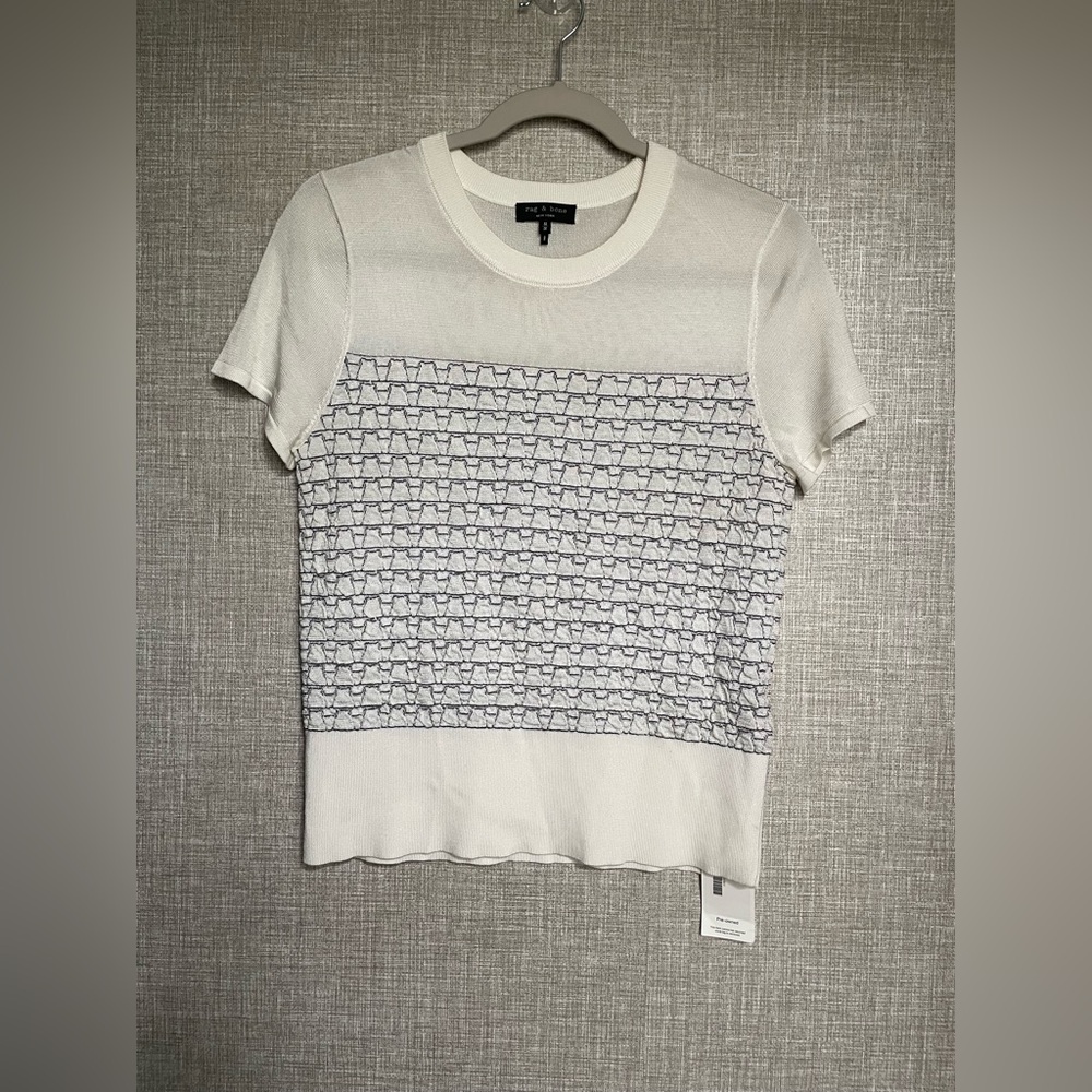 rag & bone White Short Sleeve Knit Top with Navy Pattern Panel